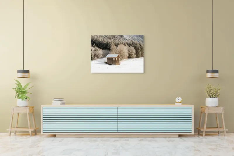 Tablou Canvas Căsuță din pădure înzăpezită pe tema Iernii, 100 x 70 cm – poza 4