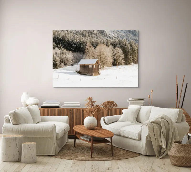 Tablou Canvas Căsuță din pădure înzăpezită pe tema Iernii, 150 x 100 cm – poza 3