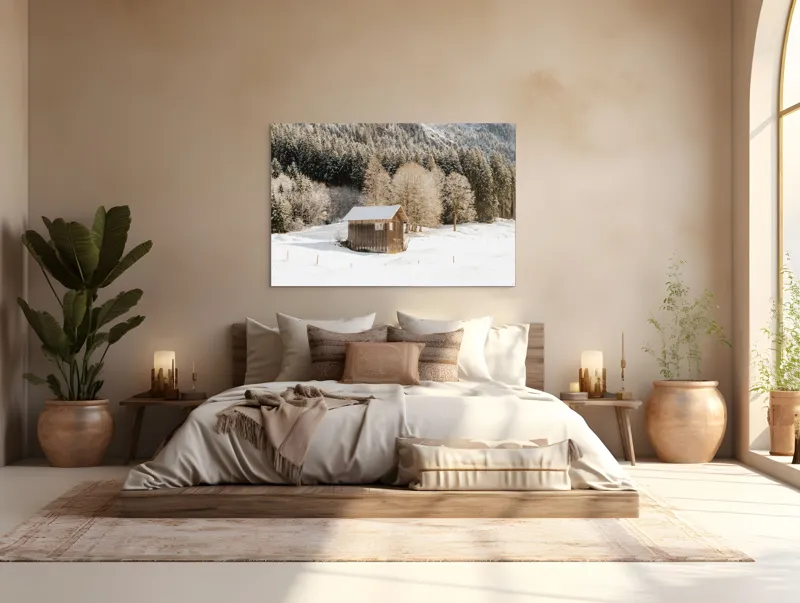 Tablou Canvas Căsuță din pădure înzăpezită pe tema Iernii, 150 x 100 cm – poza 4