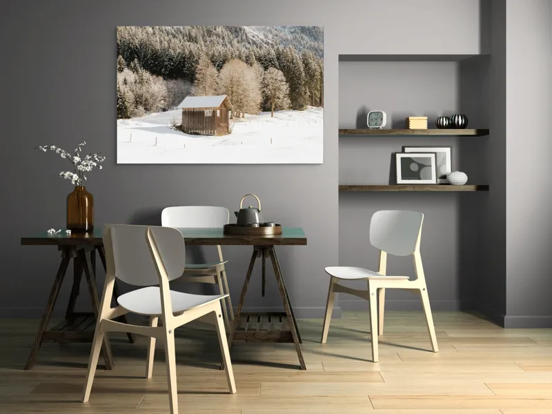 Tablou Canvas Căsuță din pădure înzăpezită pe tema Iernii, 150 x 100 cm – poza 5