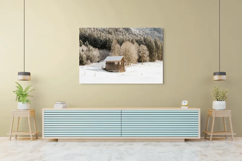 Tablou Canvas Căsuță din pădure înzăpezită pe tema Iernii, 150 x 100 cm – poza 6