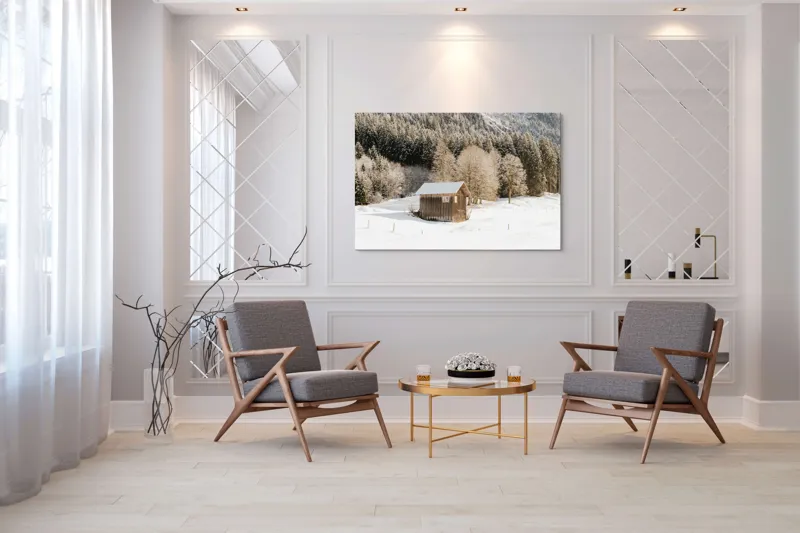Tablou Canvas Căsuță din pădure înzăpezită pe tema Iernii, 150 x 100 cm – poza 7