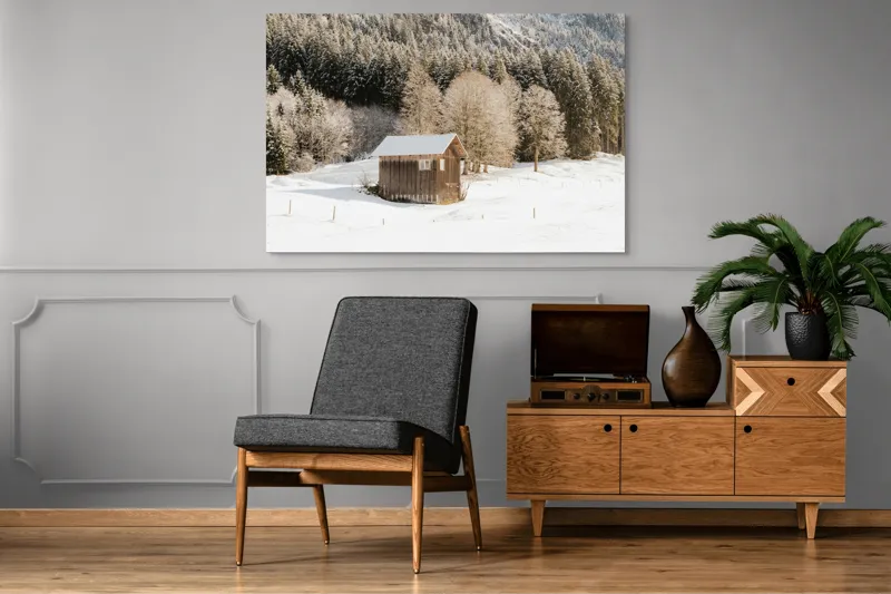 Tablou Canvas Căsuță din pădure înzăpezită pe tema Iernii, 150 x 100 cm – poza 8