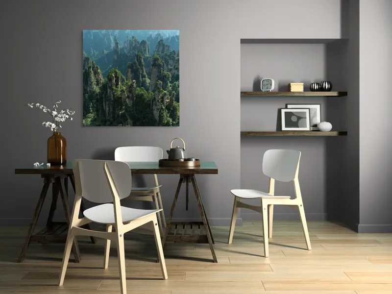Tablou Canvas, "Pădurea stâncilor impresionante din munți", Verde, Impunător, Munți, Păduri, Mist, Stânci, Natură, Peisaj, Înălțime, Vegetație, 100 x 100 cm – poza 6