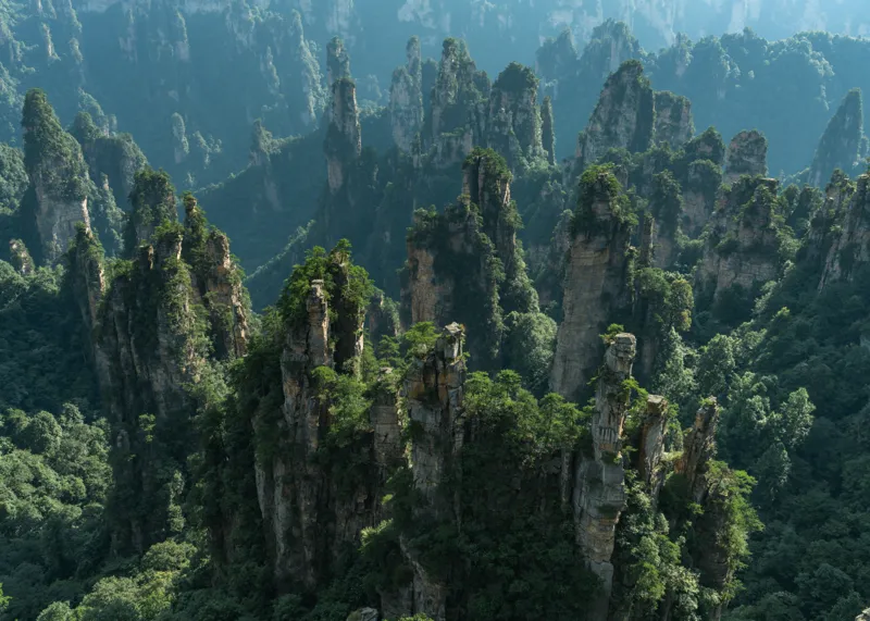 Tablou Canvas, "Pădurea stâncilor impresionante din munți", Verde, Impunător, Munți, Păduri, Mist, Stânci, Natură, Peisaj, Înălțime, Vegetație, 70 x 50 cm – poza 2