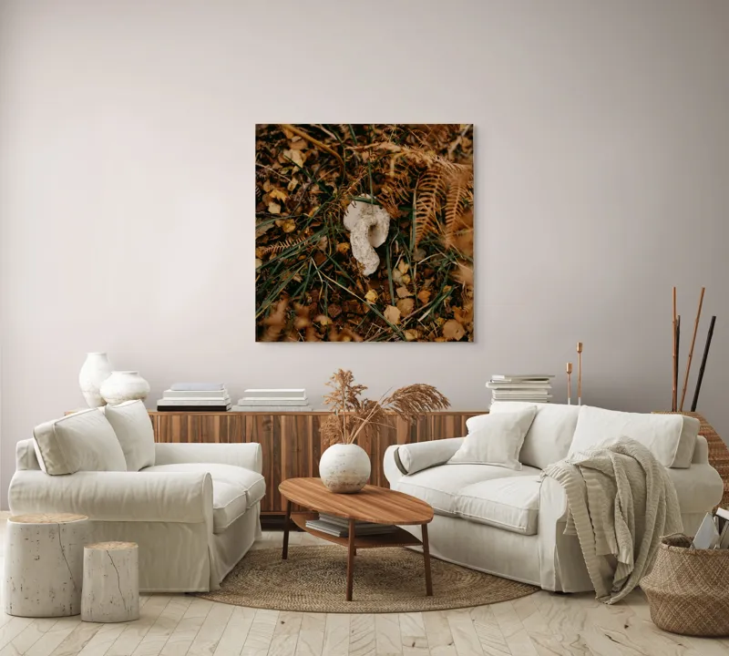 Tablou Canvas, "Ciupercă ascunsă printre frunze uscate", Frunze, Ciupercă, Pământ, Vegetație, Natură, Toamnă, Textură, Organic, Culori, Exterior, 100 x 100 cm – poza 3