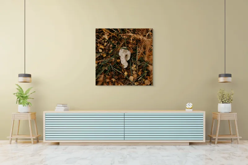 Tablou Canvas, "Ciupercă ascunsă printre frunze uscate", Frunze, Ciupercă, Pământ, Vegetație, Natură, Toamnă, Textură, Organic, Culori, Exterior, 100 x 100 cm – poza 5