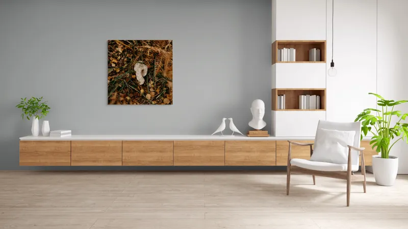 Tablou Canvas, "Ciupercă ascunsă printre frunze uscate", Frunze, Ciupercă, Pământ, Vegetație, Natură, Toamnă, Textură, Organic, Culori, Exterior, 100 x 100 cm – poza 8
