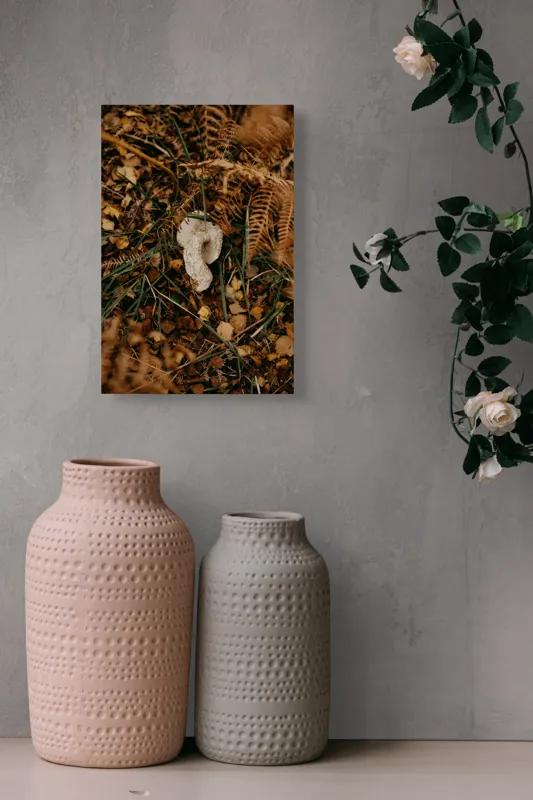 Tablou Canvas, "Ciupercă ascunsă printre frunze uscate", Frunze, Ciupercă, Pământ, Vegetație, Natură, Toamnă, Textură, Organic, Culori, Exterior, 26 x 39 cm – poza 6