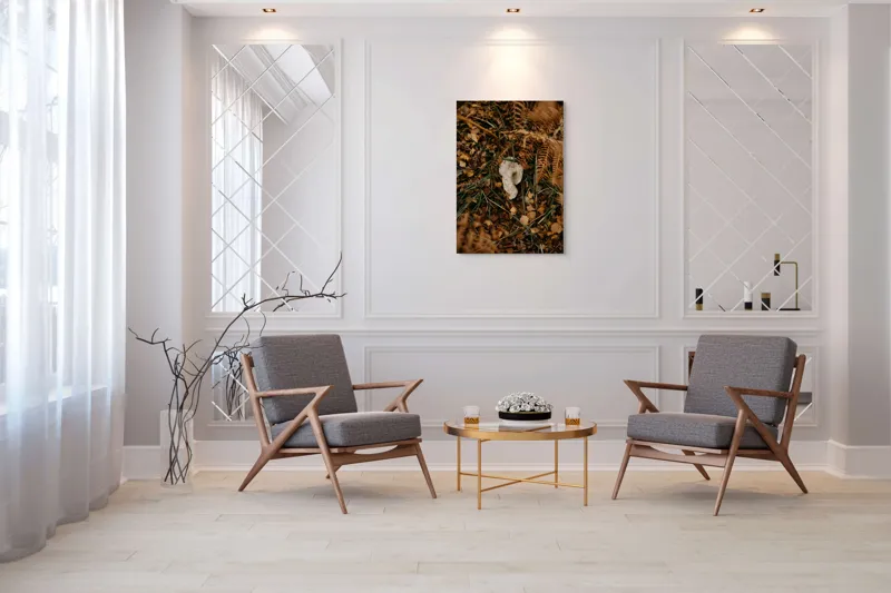 Tablou Canvas, "Ciupercă ascunsă printre frunze uscate", Frunze, Ciupercă, Pământ, Vegetație, Natură, Toamnă, Textură, Organic, Culori, Exterior, 70 x 100 cm – poza 8