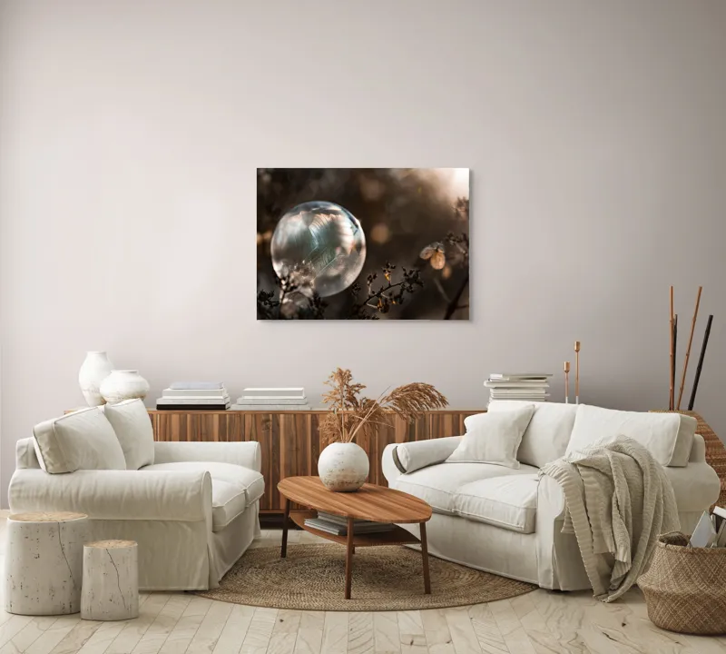 Tablou Canvas, "Sfera magică în natură misterioasă", Creație, Fragilitate, Natură, Lumină, Reflecție, Delicatețe, Îngheț, Frumusețe, Efemeritate, Strălucire, 100 x 70 cm – poza 3