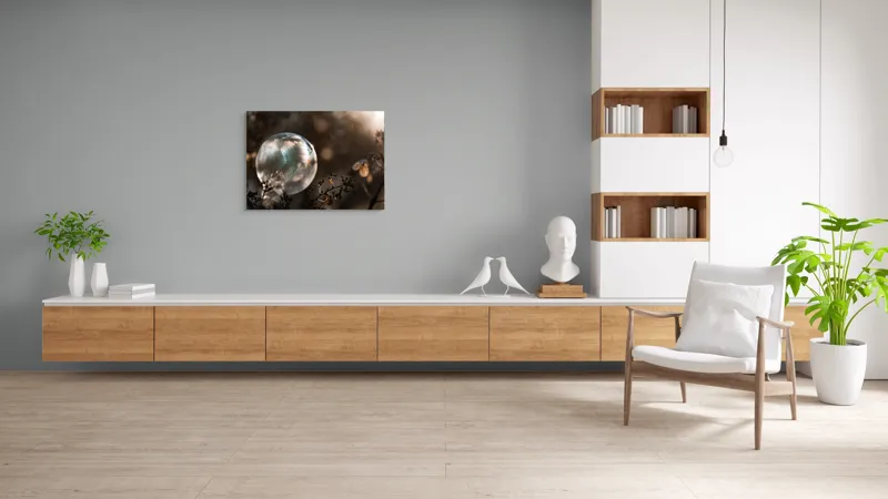 Tablou Canvas, "Sfera magică în natură misterioasă", Creație, Fragilitate, Natură, Lumină, Reflecție, Delicatețe, Îngheț, Frumusețe, Efemeritate, Strălucire, 100 x 70 cm – poza 6