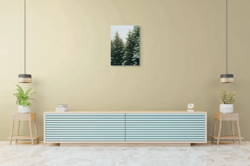 Tablou Canvas, "Iarna acoperind brazii înalți", Brazi, Zăpadă, Pădure, Iarnă, Cer, Rece, Verde, Alb, Seninătate, Natură, 50 x 70 cm – poza 6