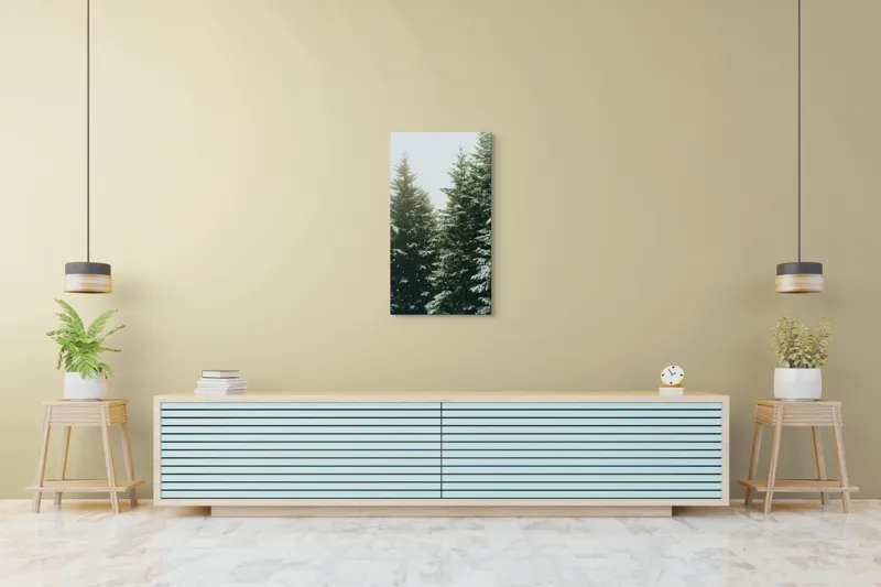 Tablou Canvas, "Iarna acoperind brazii înalți", Brazi, Zăpadă, Pădure, Iarnă, Cer, Rece, Verde, Alb, Seninătate, Natură, 50 x 90 cm – poza 6