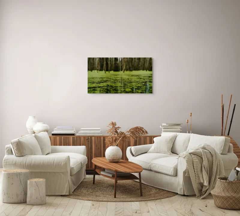 Tablou Canvas, "Reflecții verzi într-o pădure mlăștinoasă", Marais, Mousse, Calme, Mystère, Nature, Reflet, Vert, Tranquillité, Profondeur, 90 x 50 cm – poza 4