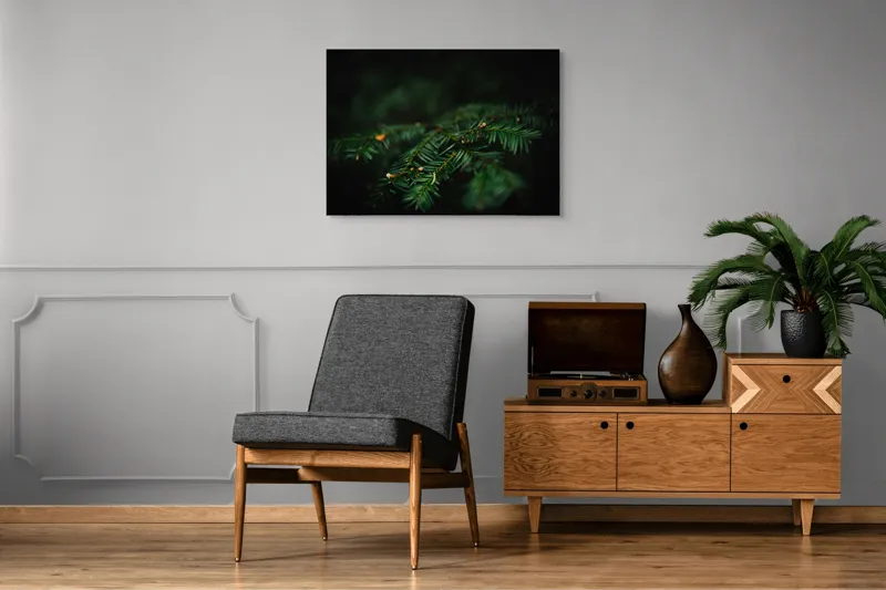 Tablou Canvas, "Frumusețea tainică a pădurii verzi", Ace, Verde, Natură, Frunziș, Rășinoase, Detaliu, Întunecat, Ramură, Elegant, Subtil, Calm, Vegetație., 100 x 70 cm – poza 8