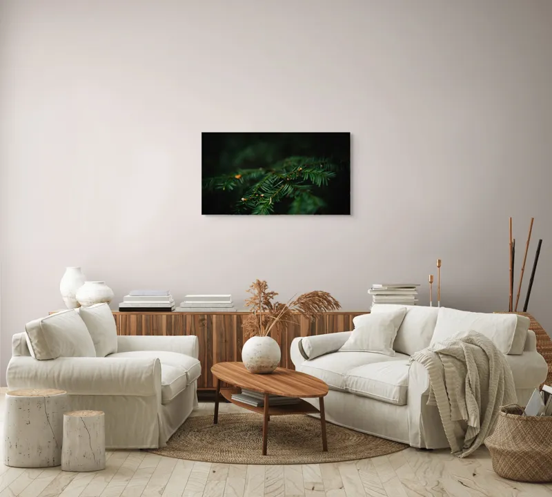 Tablou Canvas, "Frumusețea tainică a pădurii verzi", Ace, Verde, Natură, Frunziș, Rășinoase, Detaliu, Întunecat, Ramură, Elegant, Subtil, Calm, Vegetație., 90 x 50 cm – poza 4