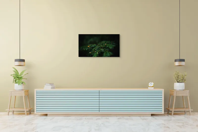 Tablou Canvas, "Frumusețea tainică a pădurii verzi", Ace, Verde, Natură, Frunziș, Rășinoase, Detaliu, Întunecat, Ramură, Elegant, Subtil, Calm, Vegetație., 90 x 50 cm – poza 5