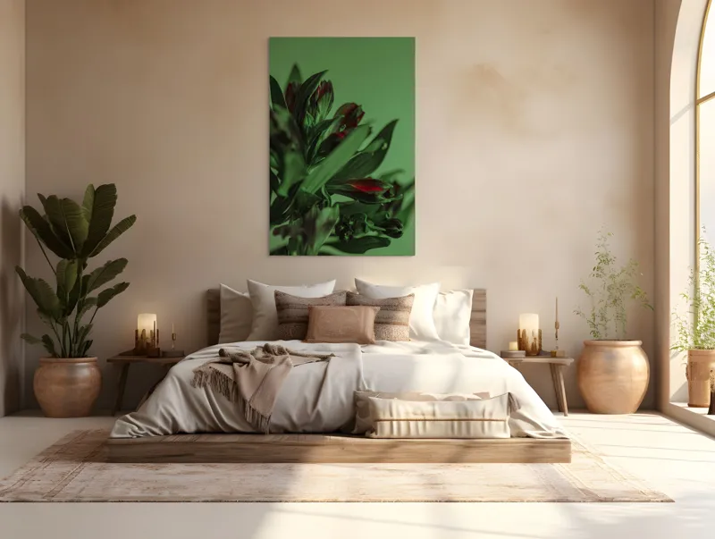 Tablou Canvas, "Tandrețe în nuanțe de verde și roșu", Flori, Verde, Frunze, Roșu, Umbre, Natură, Contrast, Subtilitate, Petale, 100 x 150 cm – poza 3