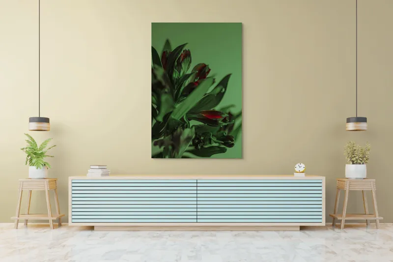 Tablou Canvas, "Tandrețe în nuanțe de verde și roșu", Flori, Verde, Frunze, Roșu, Umbre, Natură, Contrast, Subtilitate, Petale, 100 x 150 cm – poza 4