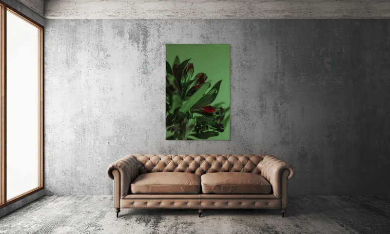 Tablou Canvas, "Tandrețe în nuanțe de verde și roșu", Flori, Verde, Frunze, Roșu, Umbre, Natură, Contrast, Subtilitate, Petale, 100 x 150 cm – poza 6