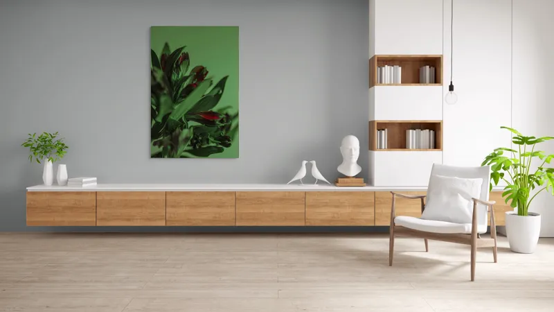 Tablou Canvas, "Tandrețe în nuanțe de verde și roșu", Flori, Verde, Frunze, Roșu, Umbre, Natură, Contrast, Subtilitate, Petale, 100 x 150 cm – poza 8