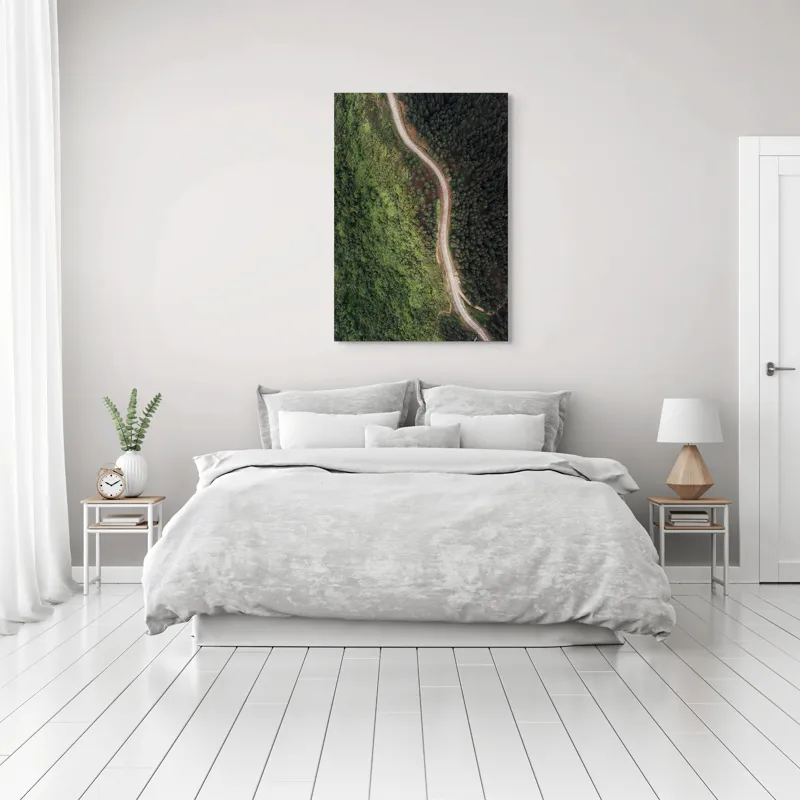 Tablou Canvas, "Drumul șerpuitor prin pădurea deasă", Drum, Pădure, Verdeață, Curbe, Vedere, Aeriană, Peisaj, Natură, Liniște, Frumusețe, 70 x 100 cm – poza 3