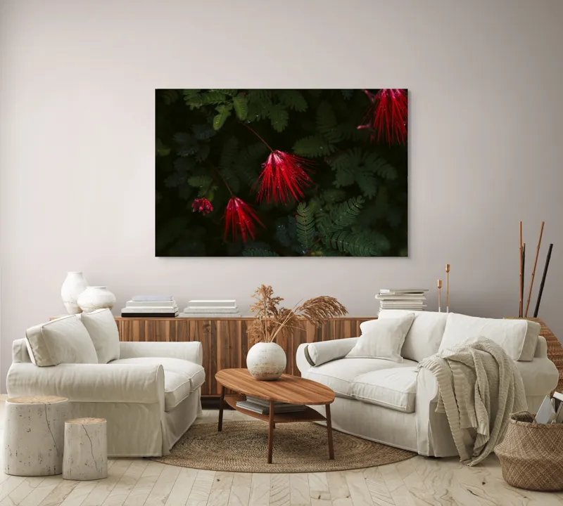 Tablou Canvas, "Flori roșii în roua dimineții", Roșu, Frunze, Petale, Plante, Natură, Umiditate, Verde, Contrast, Eleganță, 150 x 100 cm – poza 3
