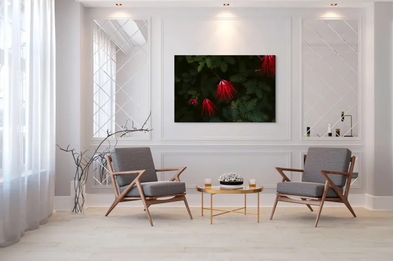 Tablou Canvas, "Flori roșii în roua dimineții", Roșu, Frunze, Petale, Plante, Natură, Umiditate, Verde, Contrast, Eleganță, 150 x 100 cm – poza 7