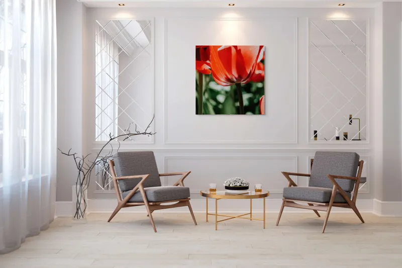 Tablou Canvas, "Simfonia lalelelor roșii în soare", Roșu, Vibrant, Petale, Delicat, Lumină, Contrast, Natură, Frumusețe, 100 x 100 cm – poza 7