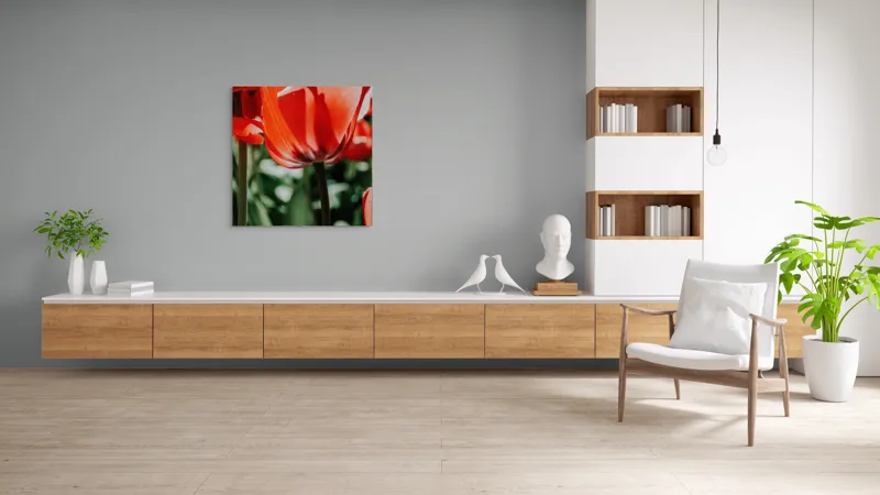 Tablou Canvas, "Simfonia lalelelor roșii în soare", Roșu, Vibrant, Petale, Delicat, Lumină, Contrast, Natură, Frumusețe, 100 x 100 cm – poza 8