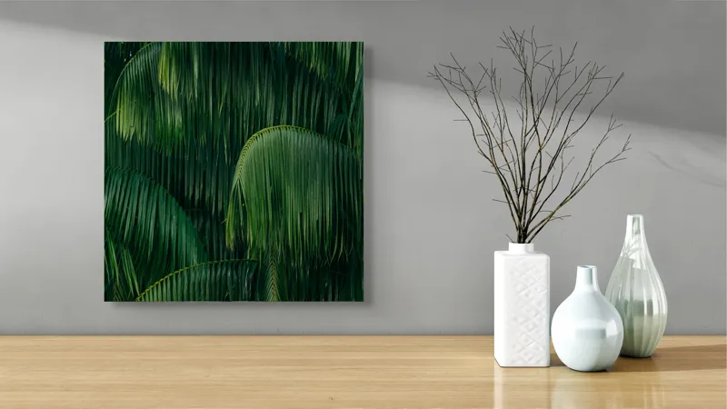 Tablou Canvas, "Frunziș tropical luxuriant și dens", Frunze, Verzi, Tropice, Naturale, Luxuriant, Textură, Exotic, Abundență, Vegetație, 50 x 50 cm – poza 3