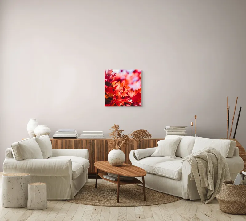 Tablou Canvas, "Strălucirea frunzelor de toamnă târzie", Frunze, Roșii, Toamnă, Lumină, Contrast, Ramuri, Natură, Vibrant, Strălucire, Fundal., 50 x 50 cm – poza 7