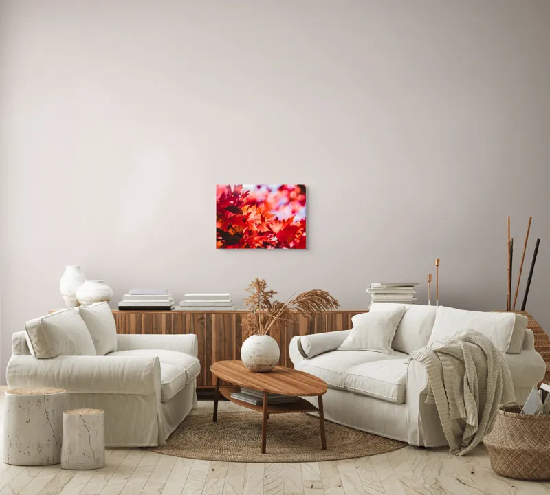 Tablou Canvas, "Strălucirea frunzelor de toamnă târzie", Frunze, Roșii, Toamnă, Lumină, Contrast, Ramuri, Natură, Vibrant, Strălucire, Fundal., 54 x 39 cm – poza 5