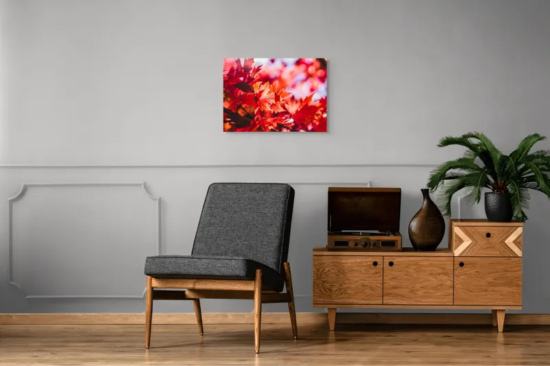Tablou Canvas, "Strălucirea frunzelor de toamnă târzie", Frunze, Roșii, Toamnă, Lumină, Contrast, Ramuri, Natură, Vibrant, Strălucire, Fundal., 70 x 50 cm – poza 4