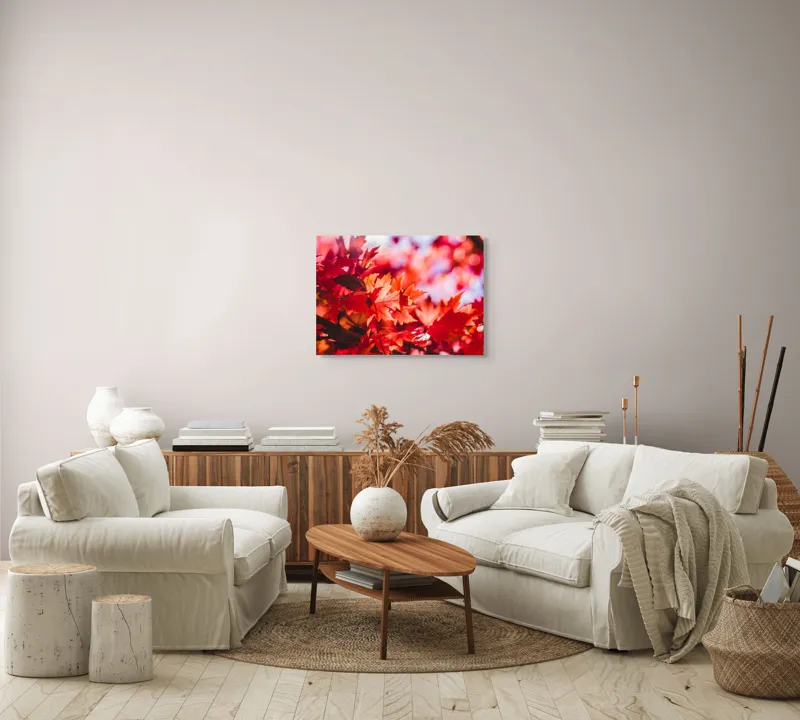 Tablou Canvas, "Strălucirea frunzelor de toamnă târzie", Frunze, Roșii, Toamnă, Lumină, Contrast, Ramuri, Natură, Vibrant, Strălucire, Fundal., 70 x 50 cm – poza 6