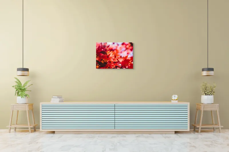 Tablou Canvas, "Strălucirea frunzelor de toamnă târzie", Frunze, Roșii, Toamnă, Lumină, Contrast, Ramuri, Natură, Vibrant, Strălucire, Fundal., 70 x 50 cm – poza 7