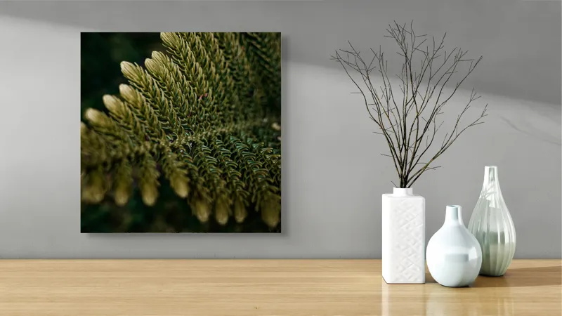 Tablou Canvas, "Frunzele tăcute ale pădurii verzi", Frunze, Verde, Textură, Natură, Detaliu, Frumusețe, Simetrie, Linii, Organic, Misterios, 50 x 50 cm – poza 3