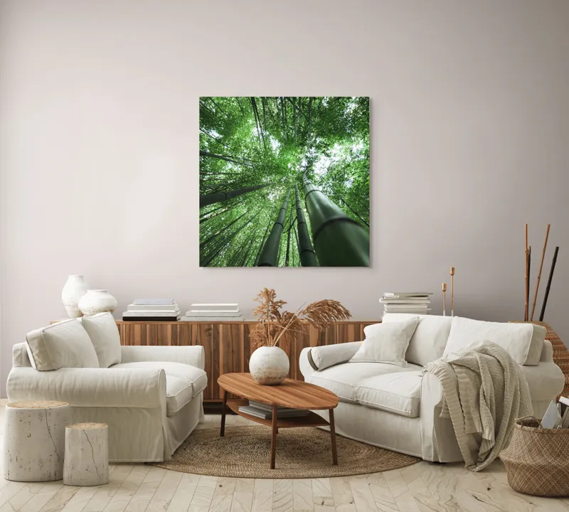 Tablou Canvas, "Intinderile verzi ale padurii de bambus", Bambus, Înălțime, Verdeață, Natură, Pădure, Lumină, Frunziș, Vedere, Trunchiuri, Serenitate, 100 x 100 cm – poza 3