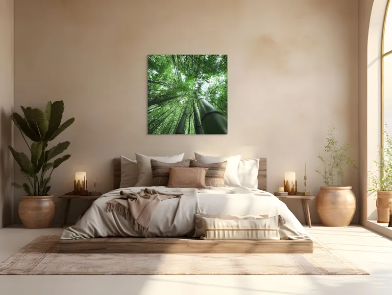 Tablou Canvas, "Intinderile verzi ale padurii de bambus", Bambus, Înălțime, Verdeață, Natură, Pădure, Lumină, Frunziș, Vedere, Trunchiuri, Serenitate, 100 x 100 cm – poza 4