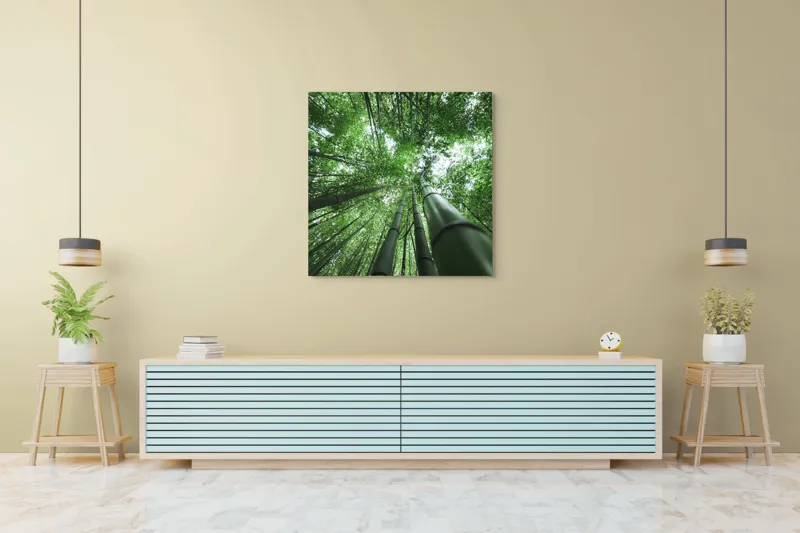 Tablou Canvas, "Intinderile verzi ale padurii de bambus", Bambus, Înălțime, Verdeață, Natură, Pădure, Lumină, Frunziș, Vedere, Trunchiuri, Serenitate, 100 x 100 cm – poza 5