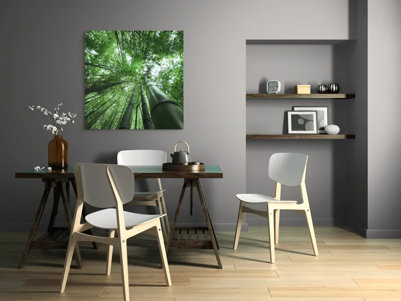 Tablou Canvas, "Intinderile verzi ale padurii de bambus", Bambus, Înălțime, Verdeață, Natură, Pădure, Lumină, Frunziș, Vedere, Trunchiuri, Serenitate, 100 x 100 cm – poza 6