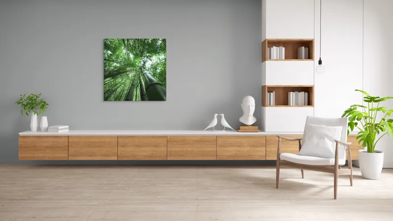 Tablou Canvas, "Intinderile verzi ale padurii de bambus", Bambus, Înălțime, Verdeață, Natură, Pădure, Lumină, Frunziș, Vedere, Trunchiuri, Serenitate, 100 x 100 cm – poza 8