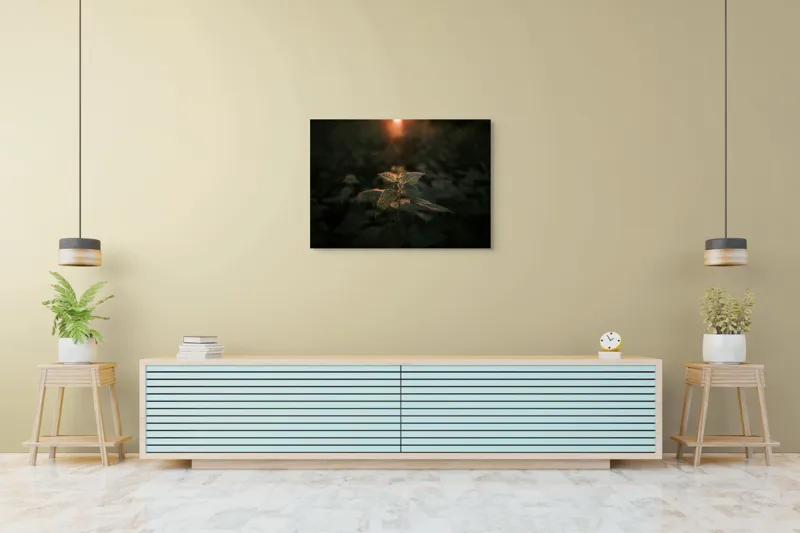Tablou Canvas, "Răsărit printre frunze de urzică", Frunze, Lumina, Apus, Verde, Natură, Siluetă, Blândețe, 100 x 70 cm – poza 4