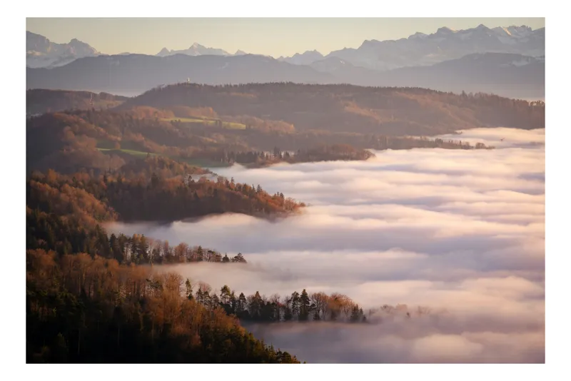 Tablou Canvas, "Văi învăluite în nori albi", Păduri, Ceață, Munți, Vârfuri, Îmbrățișare, Lumină, Peisaj, Răsărit, Culmi, Armonie, 39 x 26 cm