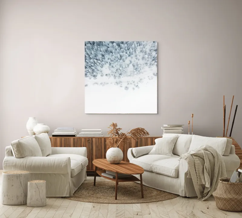 Tablou Canvas, "Zăpadă veșnică peste pădurea albă", Copaci, Zăpadă, Iarnă, Pădure, Alb, Frig, Tăcere, Natura, Vedere, Aeriană, 100 x 100 cm – poza 3