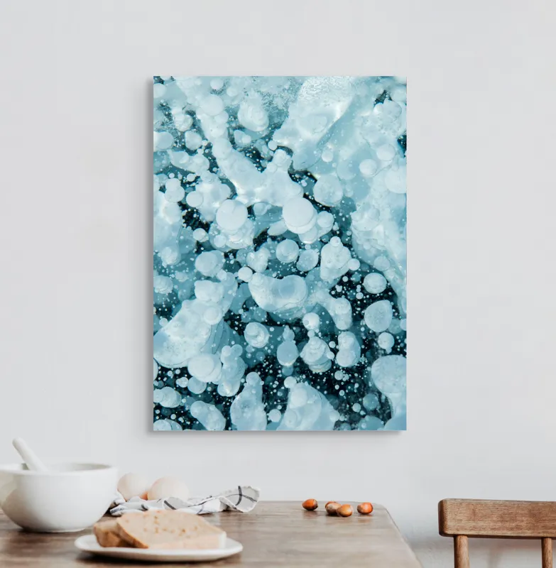 Tablou Canvas, "Bule de aer captive în gheață", Alb, Bule, Gheață, Albastru, Congelat, Textură, Natură, Abstract, Rece, Cristale, 50 x 70 cm – poza 3