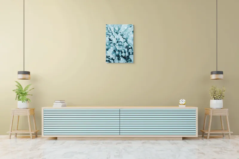 Tablou Canvas, "Bule de aer captive în gheață", Alb, Bule, Gheață, Albastru, Congelat, Textură, Natură, Abstract, Rece, Cristale, 50 x 70 cm – poza 6