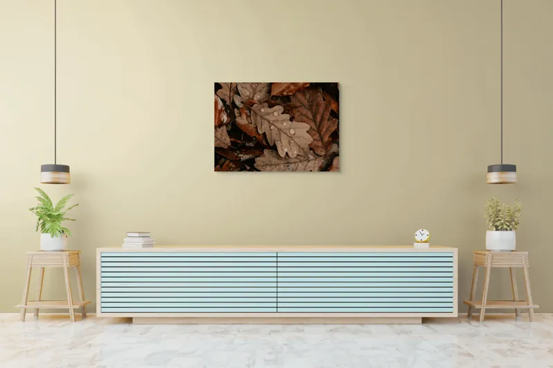 Tablou Canvas, "Frunze de stejar și picături de ploaie", Frunze, Toamnă, Picături, Natură, Maro, Textură, Plutind, 100 x 70 cm – poza 4