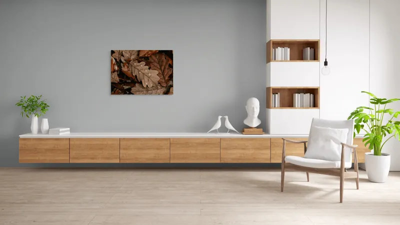 Tablou Canvas, "Frunze de stejar și picături de ploaie", Frunze, Toamnă, Picături, Natură, Maro, Textură, Plutind, 100 x 70 cm – poza 6